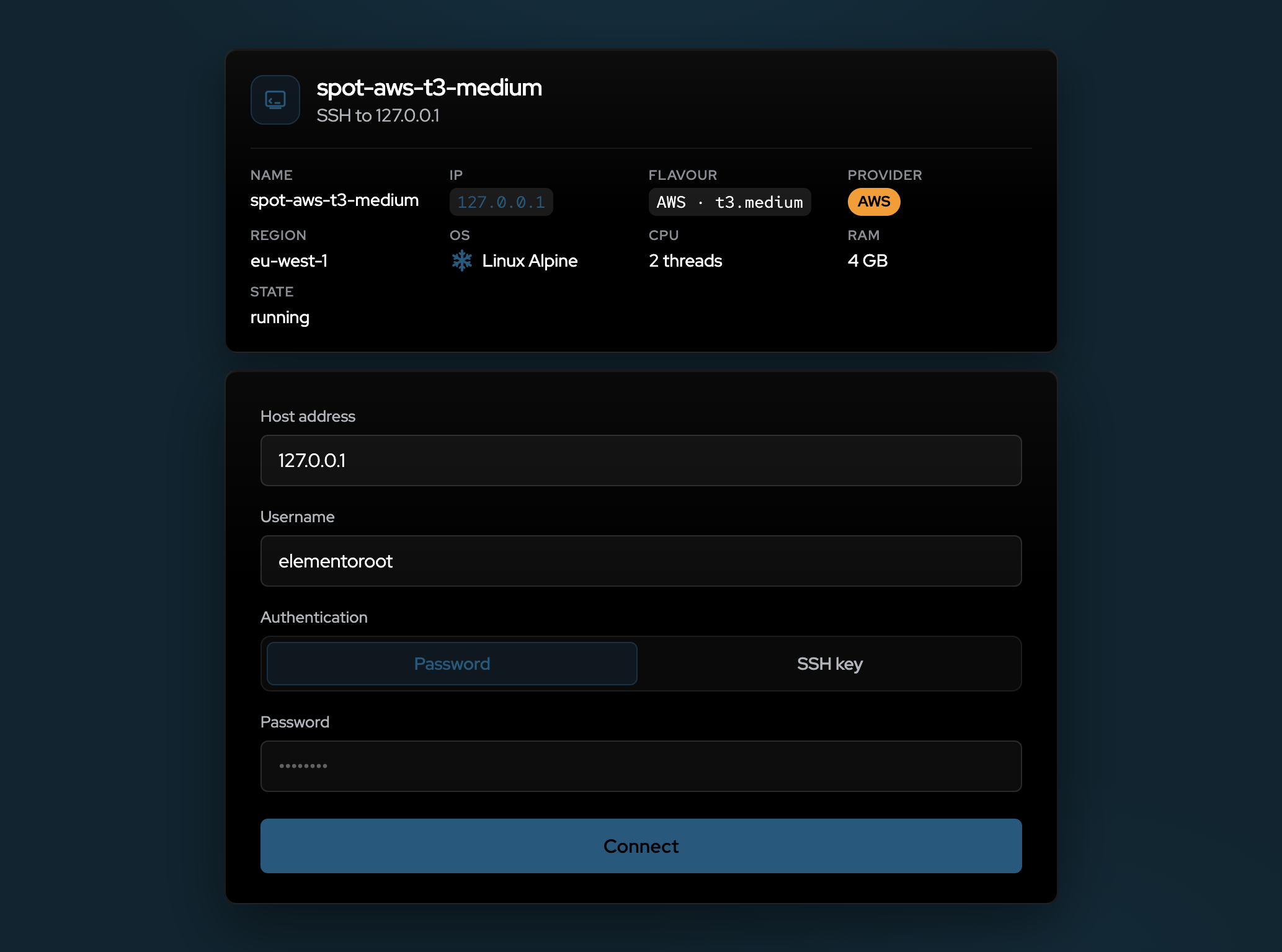 SSH connect form for a spot VM