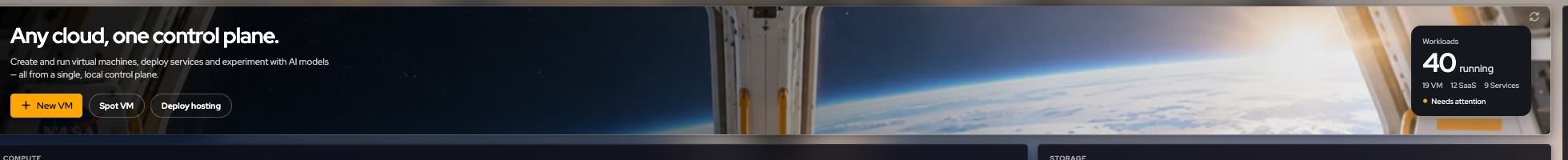 Dashboard banner with New VM, Spot VM, Deploy hosting, and the workloads card