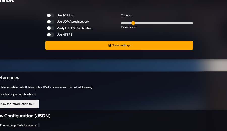 Connection toggles, timeout slider, and Save settings