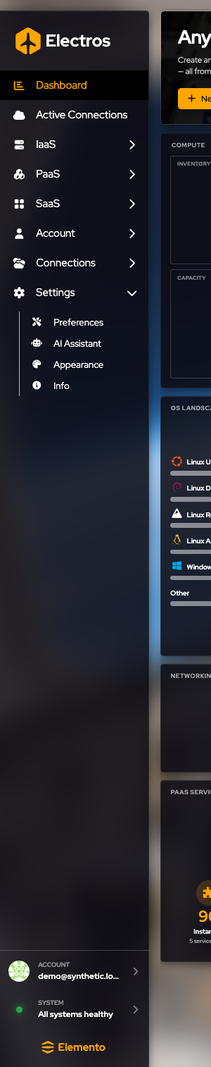 Sidebar with Dashboard selected, groups collapsed, and the account footer