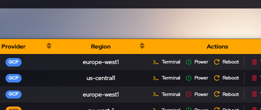 Terminal, Power, Reboot, and terminate on a spot VM row