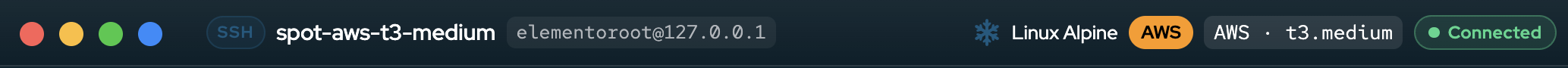 SSH title bar with OS, provider, flavour, and Connected status