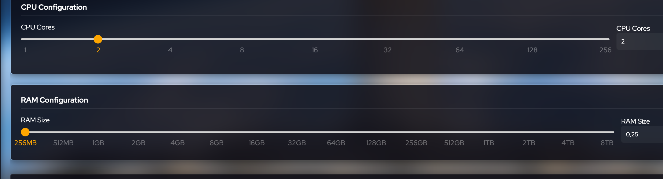 CPU cores and RAM size sliders