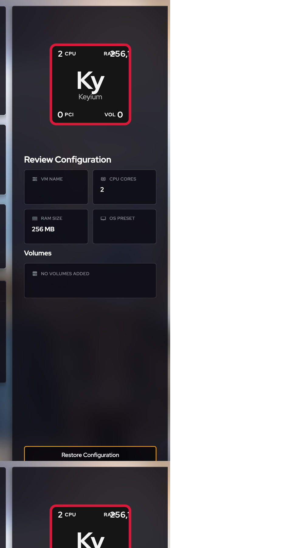 Review Configuration panel showing CPU, RAM, and volumes